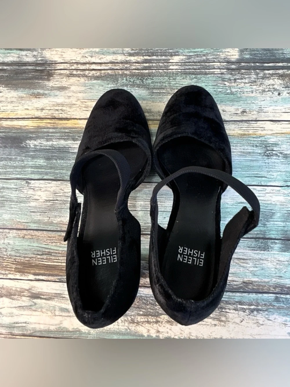 Eileen Fisher Malta Mary Jane Pumps Womens Sz 8 Black Velvet Block Heel Evening